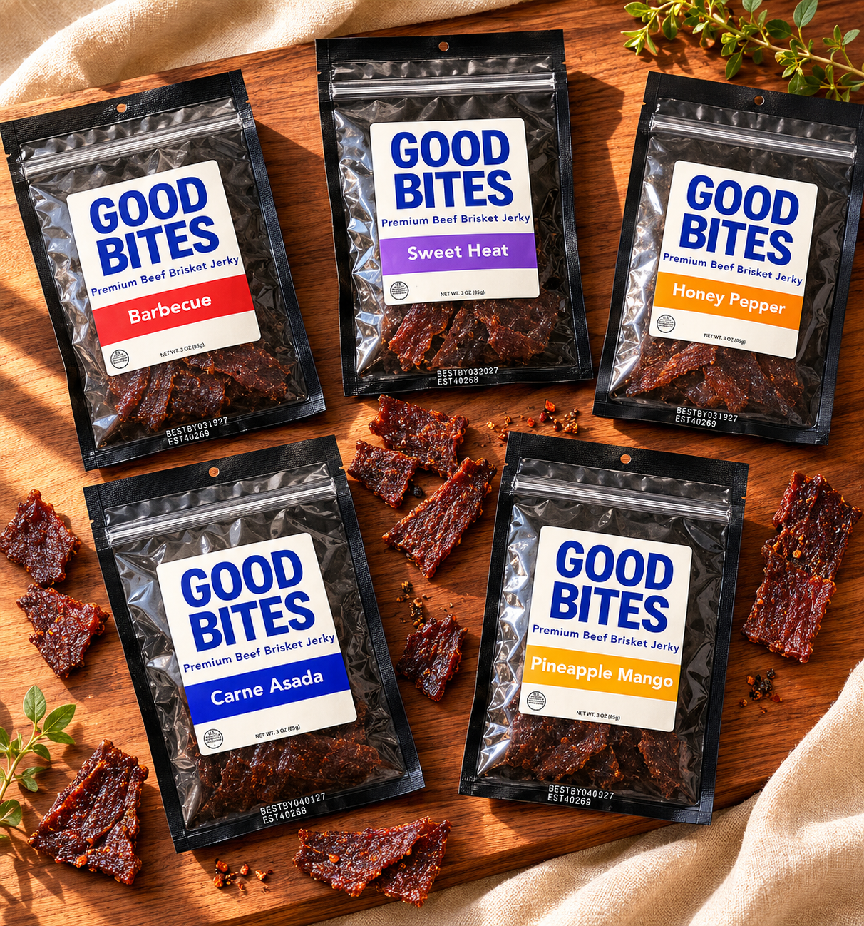 All five Good Bites brisket jerky flavors