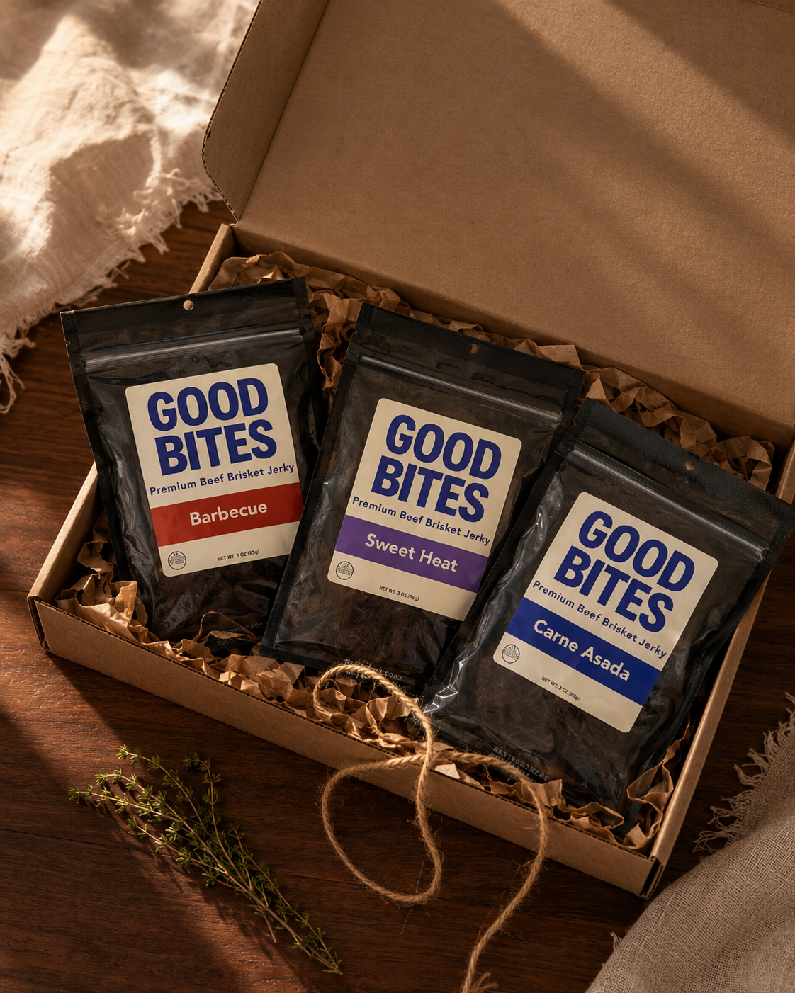 Good Bites subscription box with three jerky packs